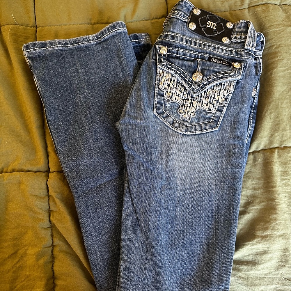 Miss Me Blue Boot Cut Jeans with Rhinestone Embellishments